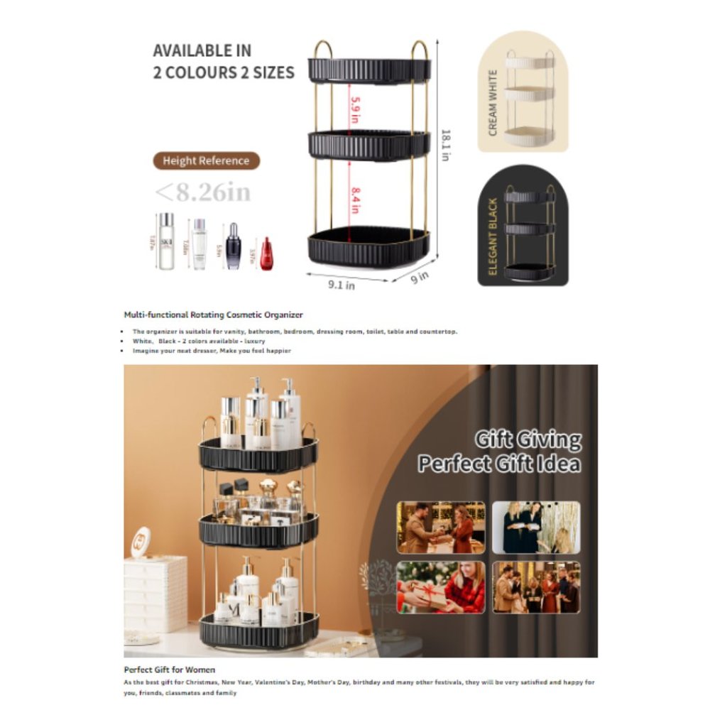 3 Tiers - 360° Turntable Makeup Organizer - Lazy Susan Cosmetics Storage - Picture 8 of 10